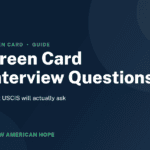 Green card interview questions guide card from New American Hope, covering what USCIS will actually ask at the adjustment of status interview.