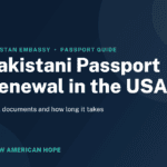 Navy and teal NA Hope guide card titled Pakistani Passport Renewal in the USA, covering fees, documents and processing times.
