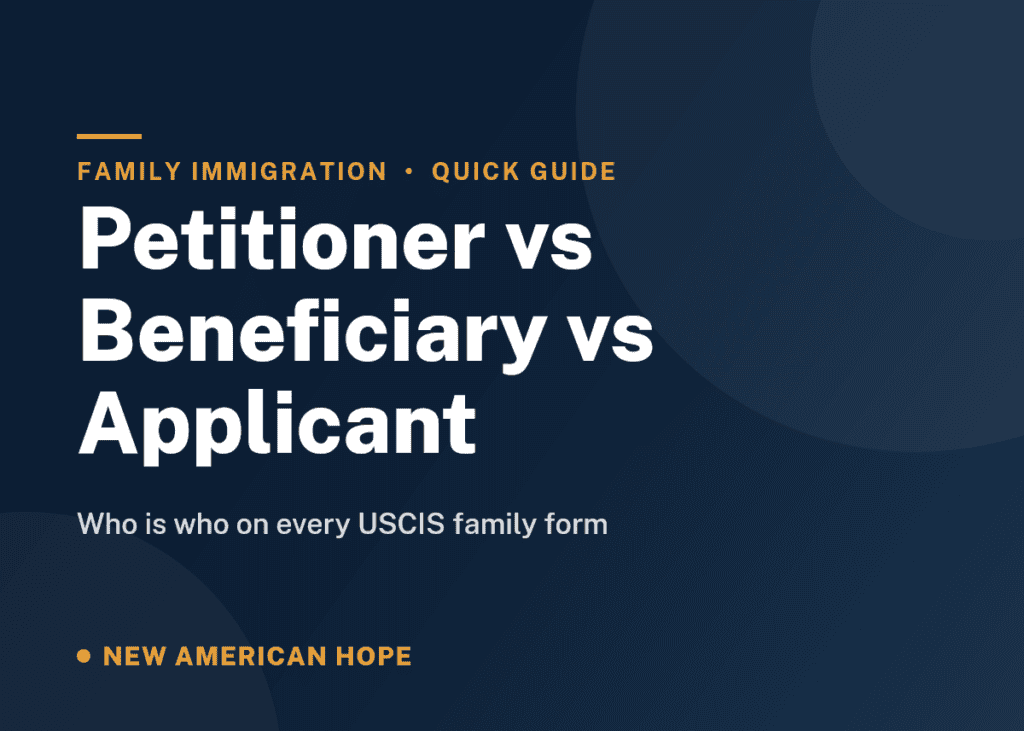 Navy and gold NA Hope guide card titled Petitioner vs Beneficiary vs Applicant, explaining who is who on every USCIS family immigration form.
