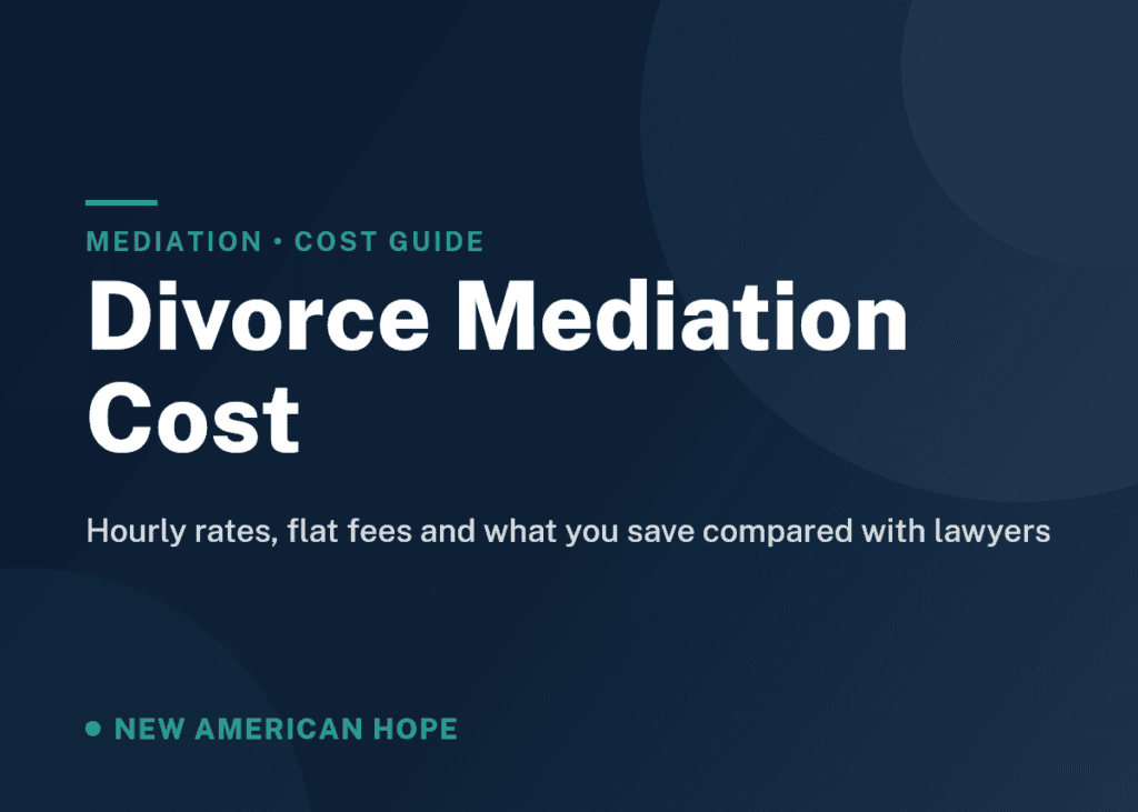 Navy and teal NA Hope guide card titled Divorce Mediation Cost, covering hourly rates, flat fees and savings compared with lawyers.