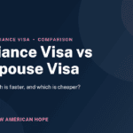Navy and rose NA Hope guide card titled Fiance Visa vs Spouse Visa, comparing K-1 and CR-1 costs and timelines.