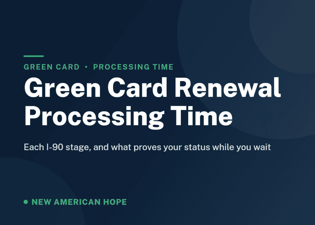 Navy and emerald NA Hope guide card titled Green Card Renewal Processing Time, covering the I-90 stages and proof of status while you wait.