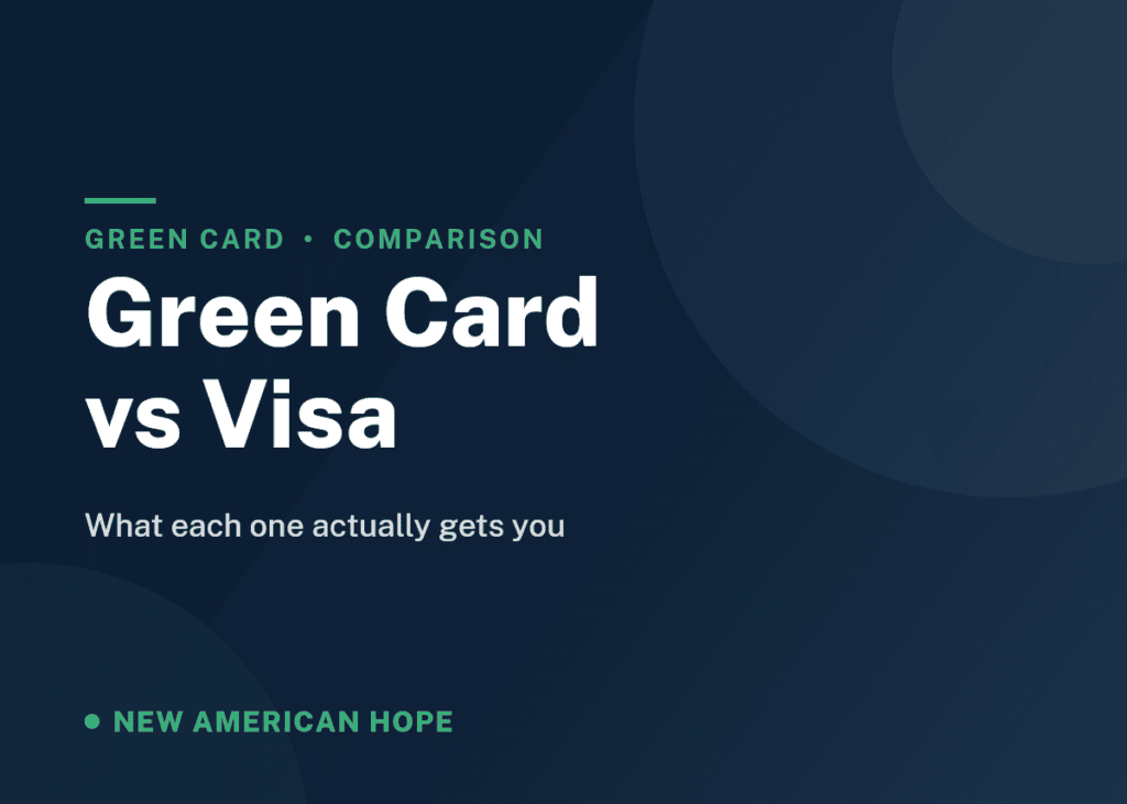 Navy and emerald NA Hope guide card titled Green Card vs Visa, explaining the difference between permanent residence and a travel visa.