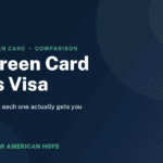 Navy and emerald NA Hope guide card titled Green Card vs Visa, explaining the difference between permanent residence and a travel visa.