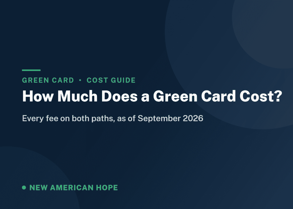 Navy and emerald NA Hope guide card titled How Much Does a Green Card Cost, listing every fee on both paths.