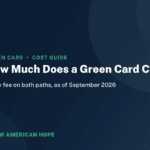 Navy and emerald NA Hope guide card titled How Much Does a Green Card Cost, listing every fee on both paths.