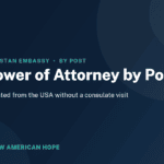 Navy and teal NA Hope guide card titled Power of Attorney by Post, on getting a Pakistani POA attested from the USA without a consulate visit.