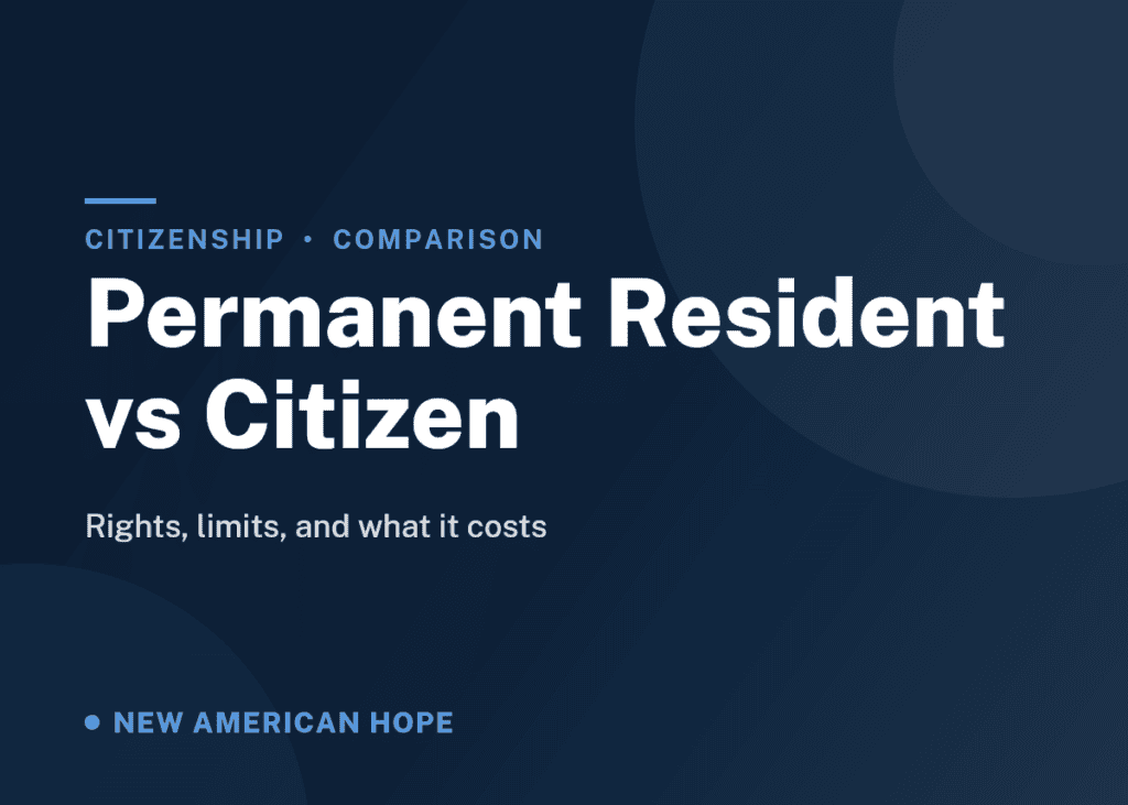 Navy and blue NA Hope guide card titled Permanent Resident vs Citizen, comparing green card rights with US citizenship.