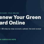 Navy and emerald NA Hope guide card titled Renew Your Green Card Online, covering the Form I-90 online steps, fee and receipt notice.