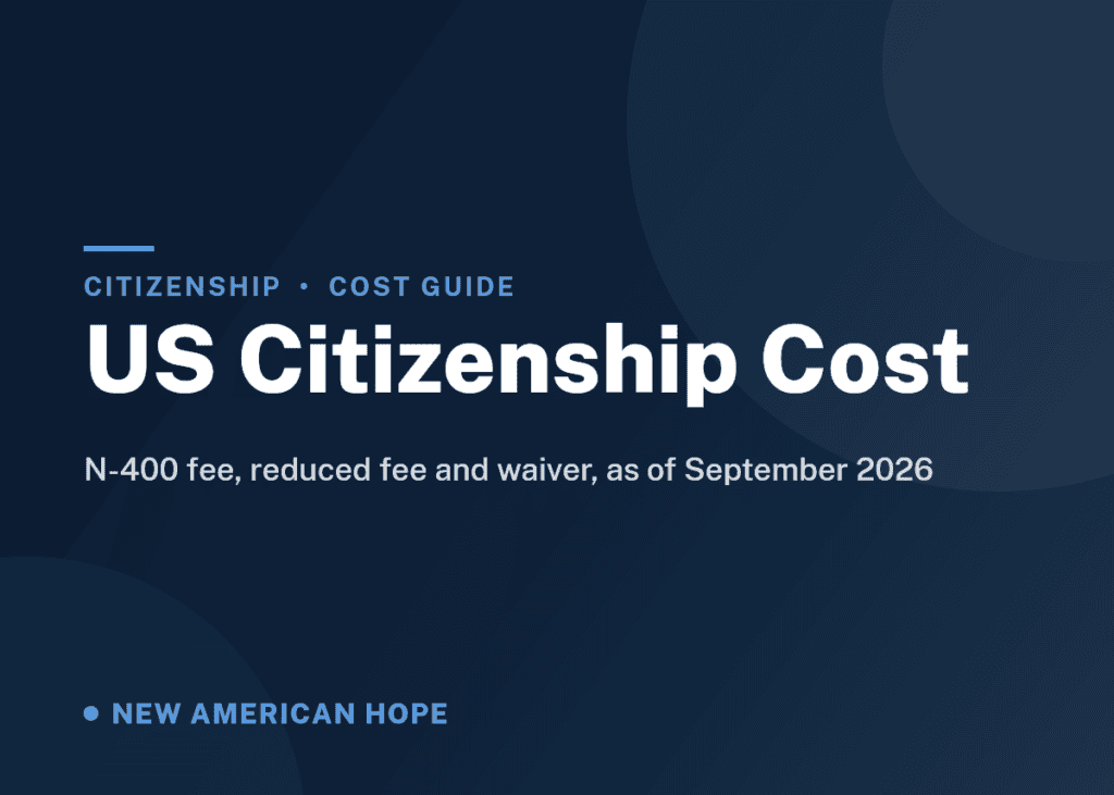 Navy and blue NA Hope guide card titled US Citizenship Cost, covering the N-400 fee, reduced fee and fee waiver.