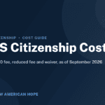 Navy and blue NA Hope guide card titled US Citizenship Cost, covering the N-400 fee, reduced fee and fee waiver.