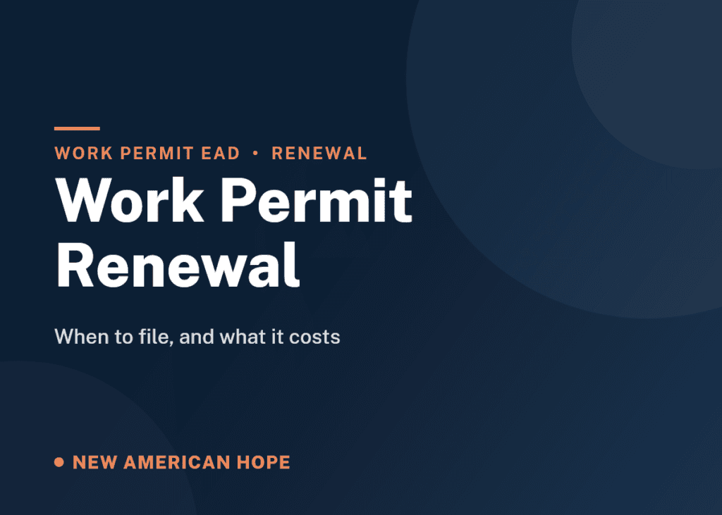 Navy and coral NA Hope guide card titled Work Permit Renewal, covering when to file Form I-765 and what it costs.